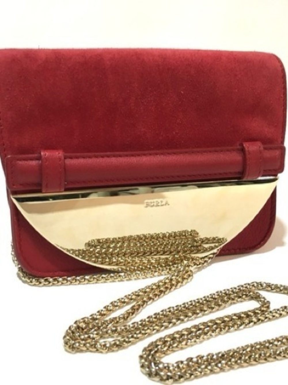 Furla Red Velvet leather crossbody with Gold Hardware and Chain